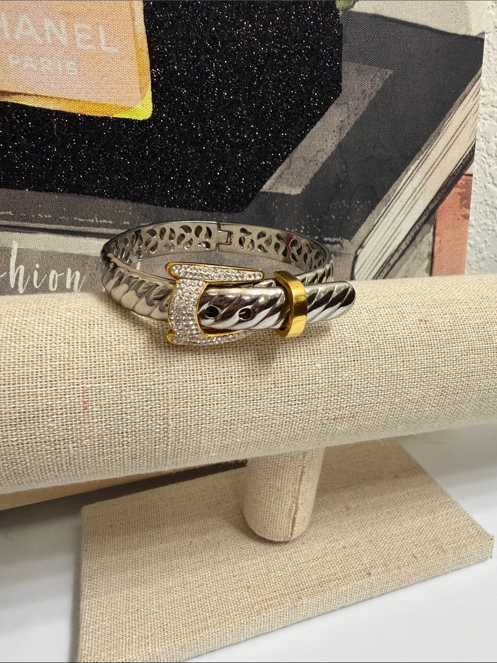 Two-Tone Buckle Bracelet with Crystal Pavé Accents - Silver and Gold